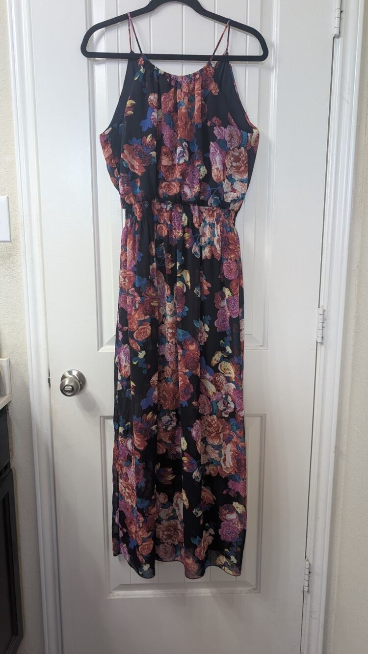 Sweet Storm Black Multicolor Floral Chiffon Smocked Square Neck Maxi Dress L